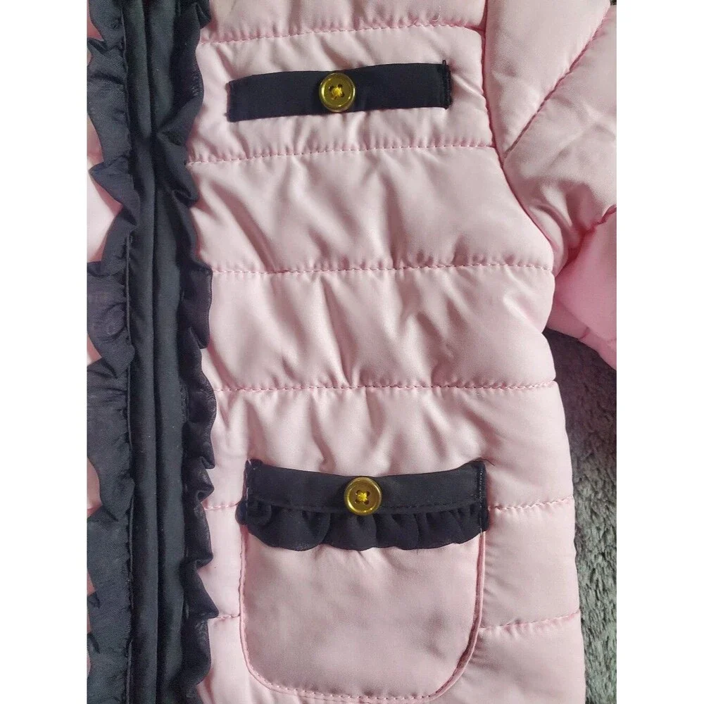 Baby Girl 18M Pink Quilted Puffer Jacket Chanel Style Ruffle Trim Gold Button